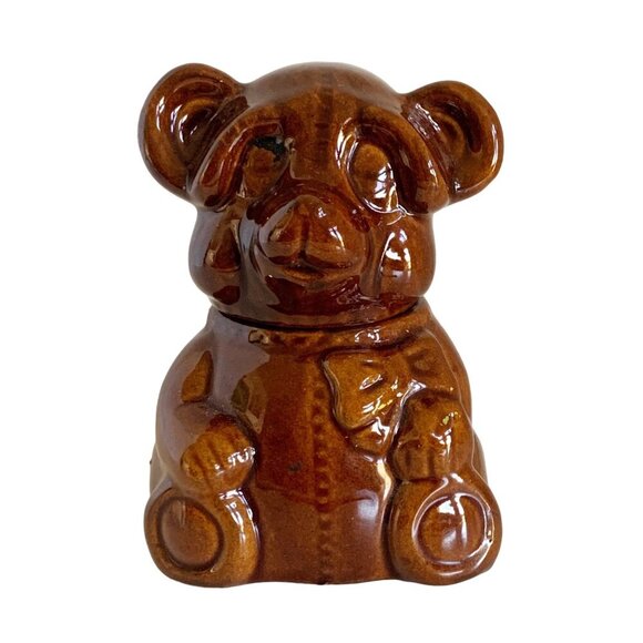 Vintage Houston Foods 1982 Honey Pot Solid Brown Bear With Original Dipper - Picture 1 of 11